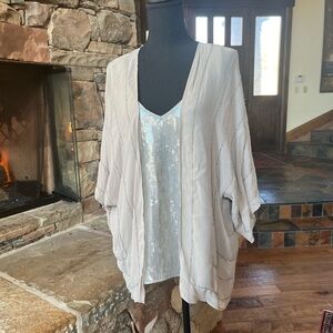 Chan Luu Silver Sequin Top and Beaded Light Gray Kimono set